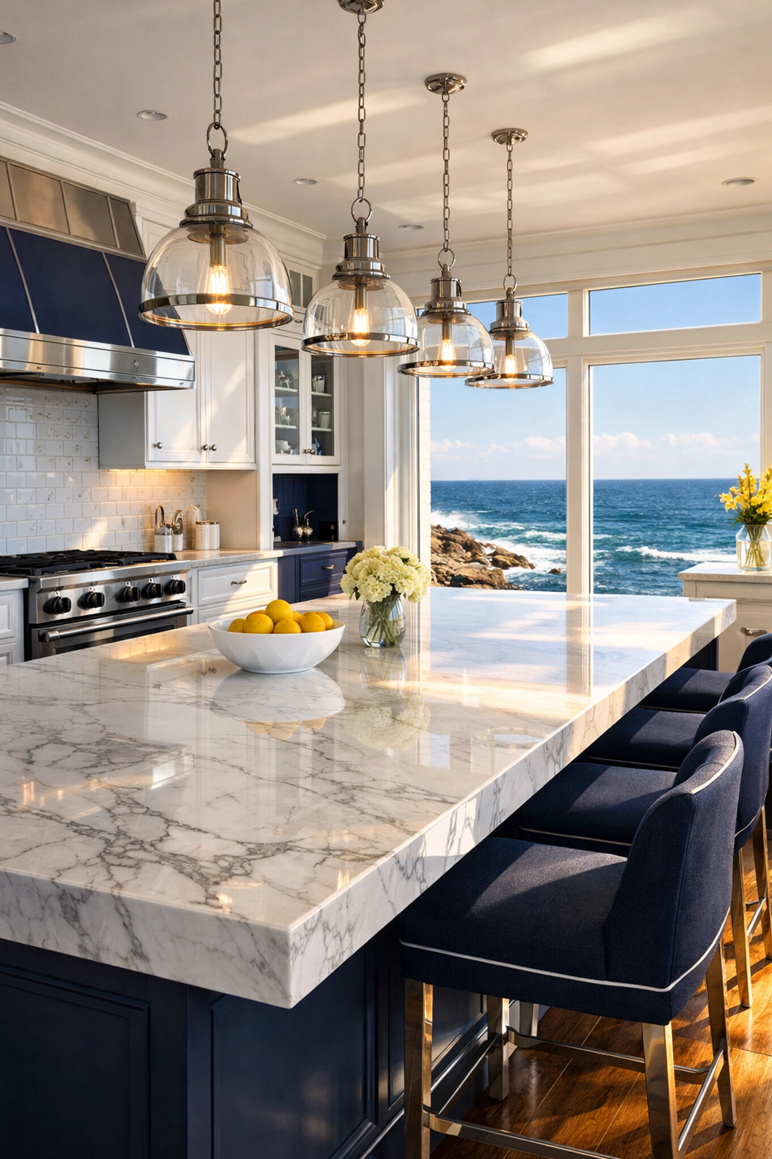 Luxury cleaning secrets for a Marblehead Neck estate kitchen with a polished marble island.