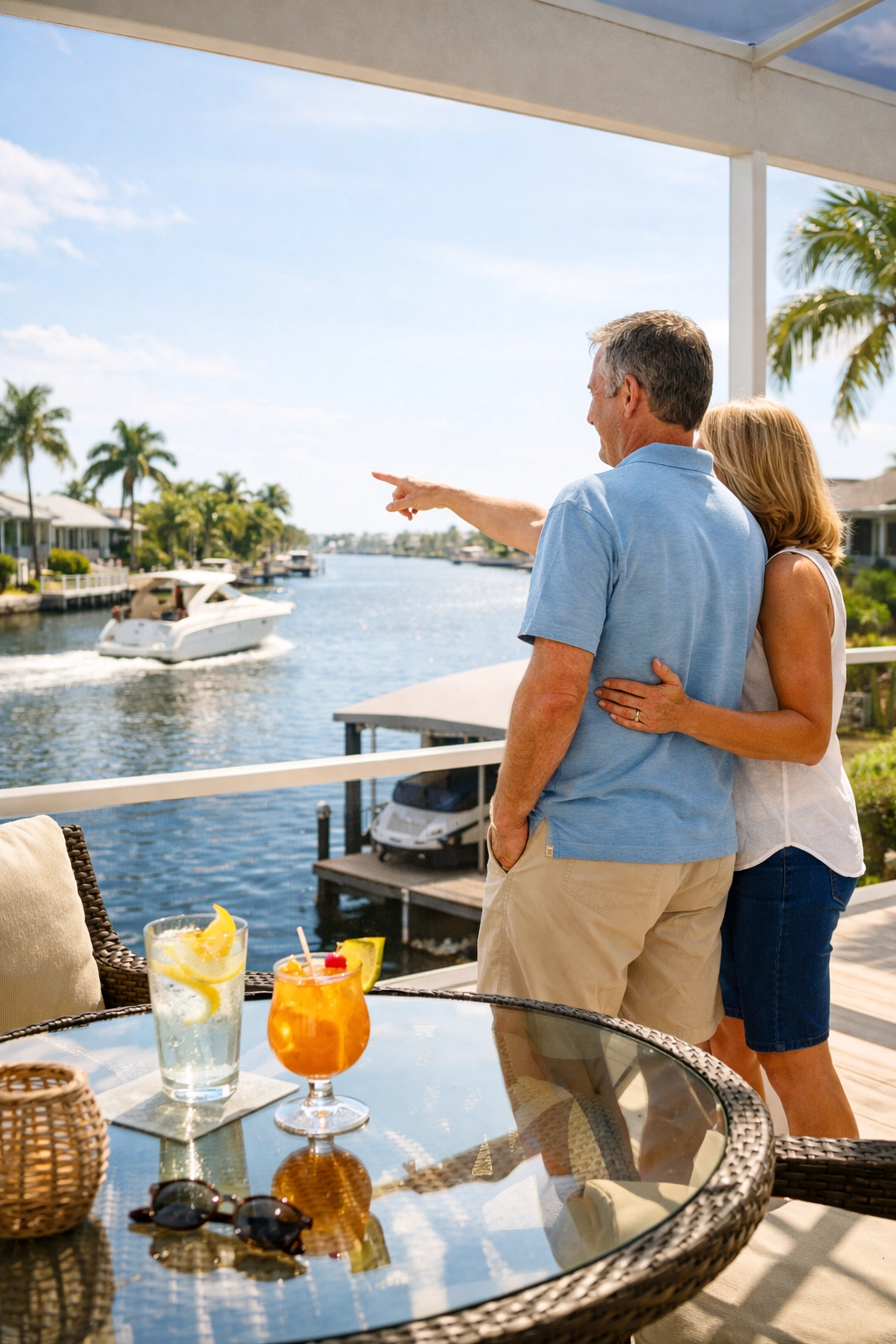 Homeowners enjoying the SWFL lifestyle on a waterfront lanai with help from Cape Coral realtors.