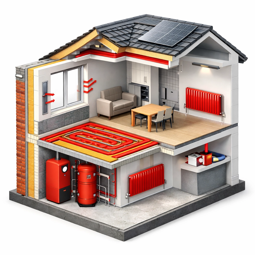 Energy efficiency features in Glasgow flat showing insulation and heating systems