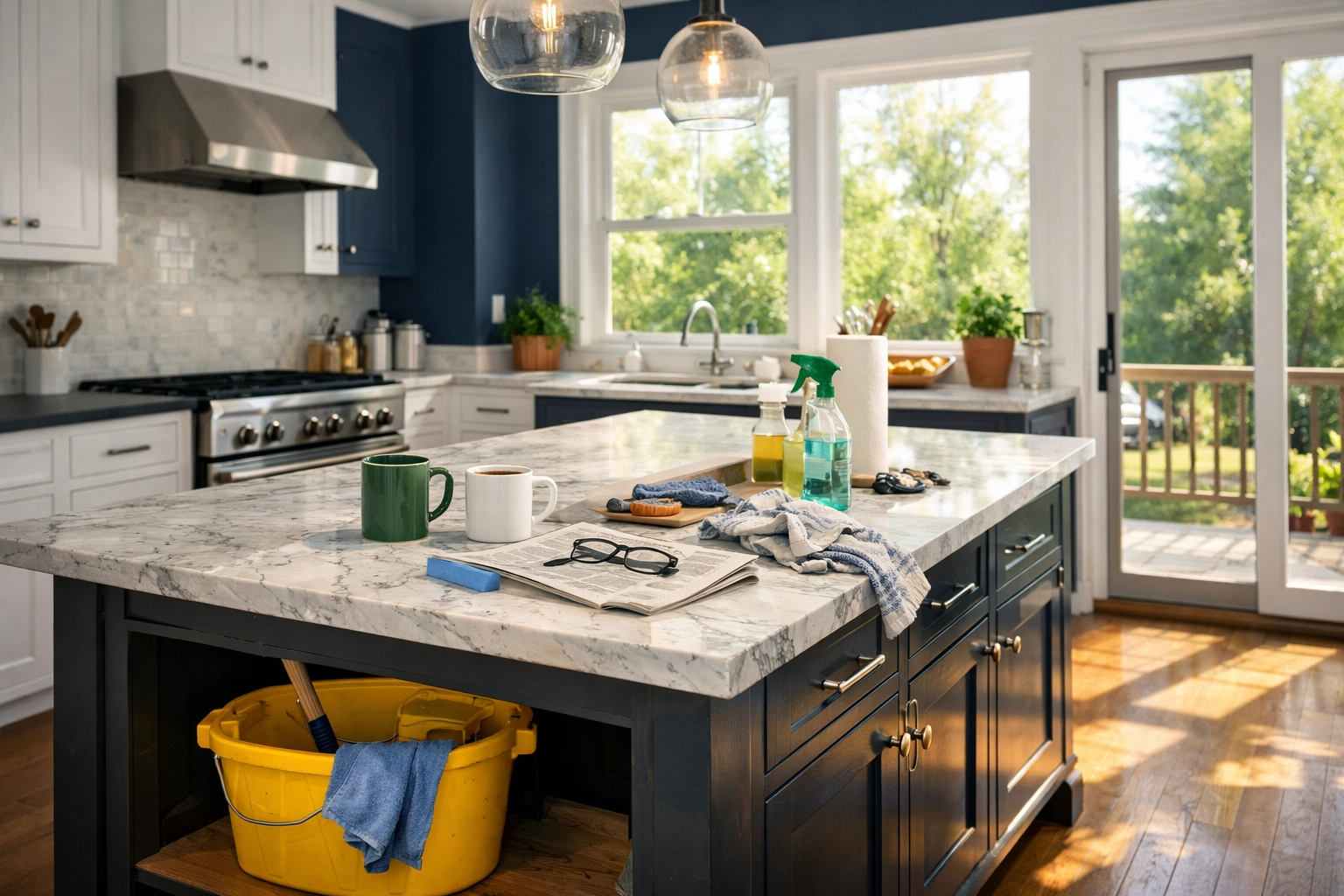 Modern Leominster kitchen with a cleaning bucket on a marble island for DIY house cleaning.