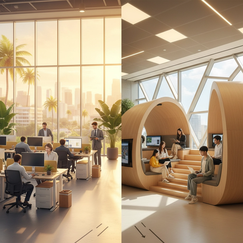 Modern office with large windows; people working at desks; others in circular wooden pods with laptops; city skyline view; bright sunlight.