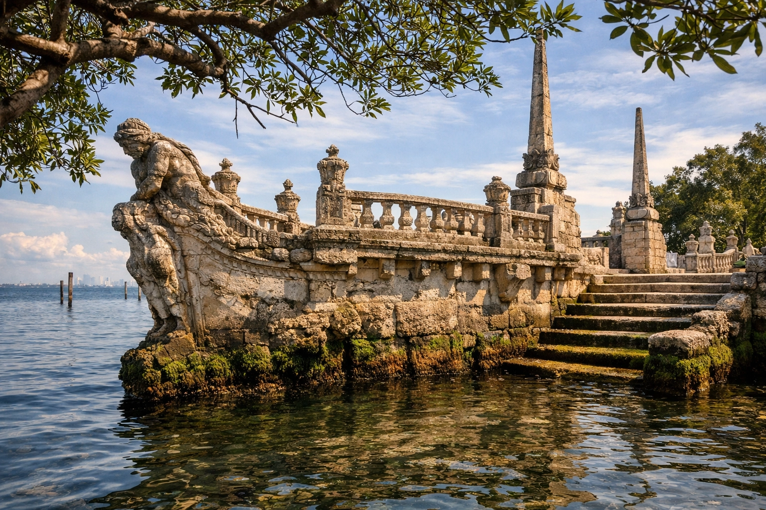 Historic Vizcaya Museum stone barge on the water, highlighting elegant Miami photography locations.