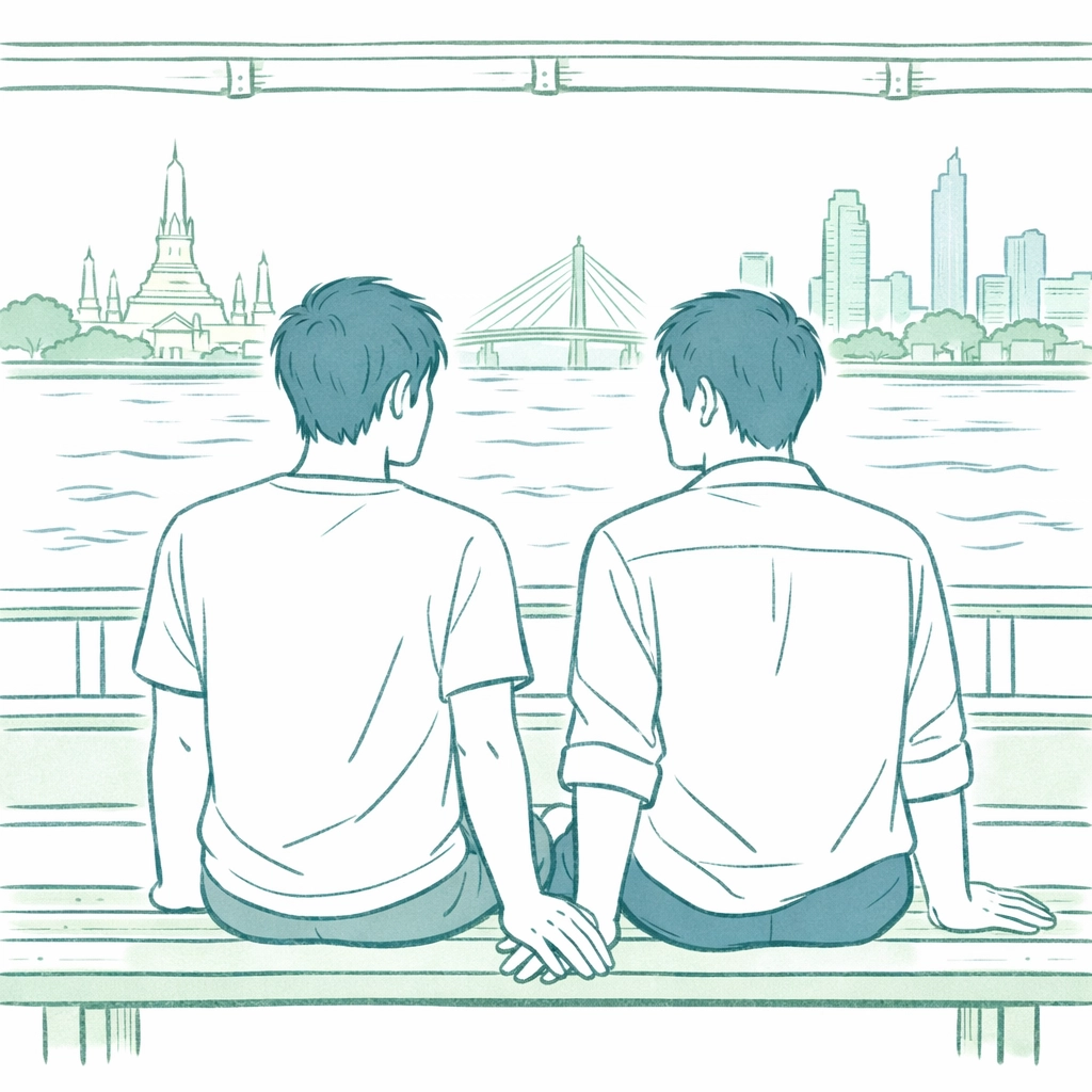 Gay couple on Chao Phraya River ferry, hands nearly touching in Bangkok romance