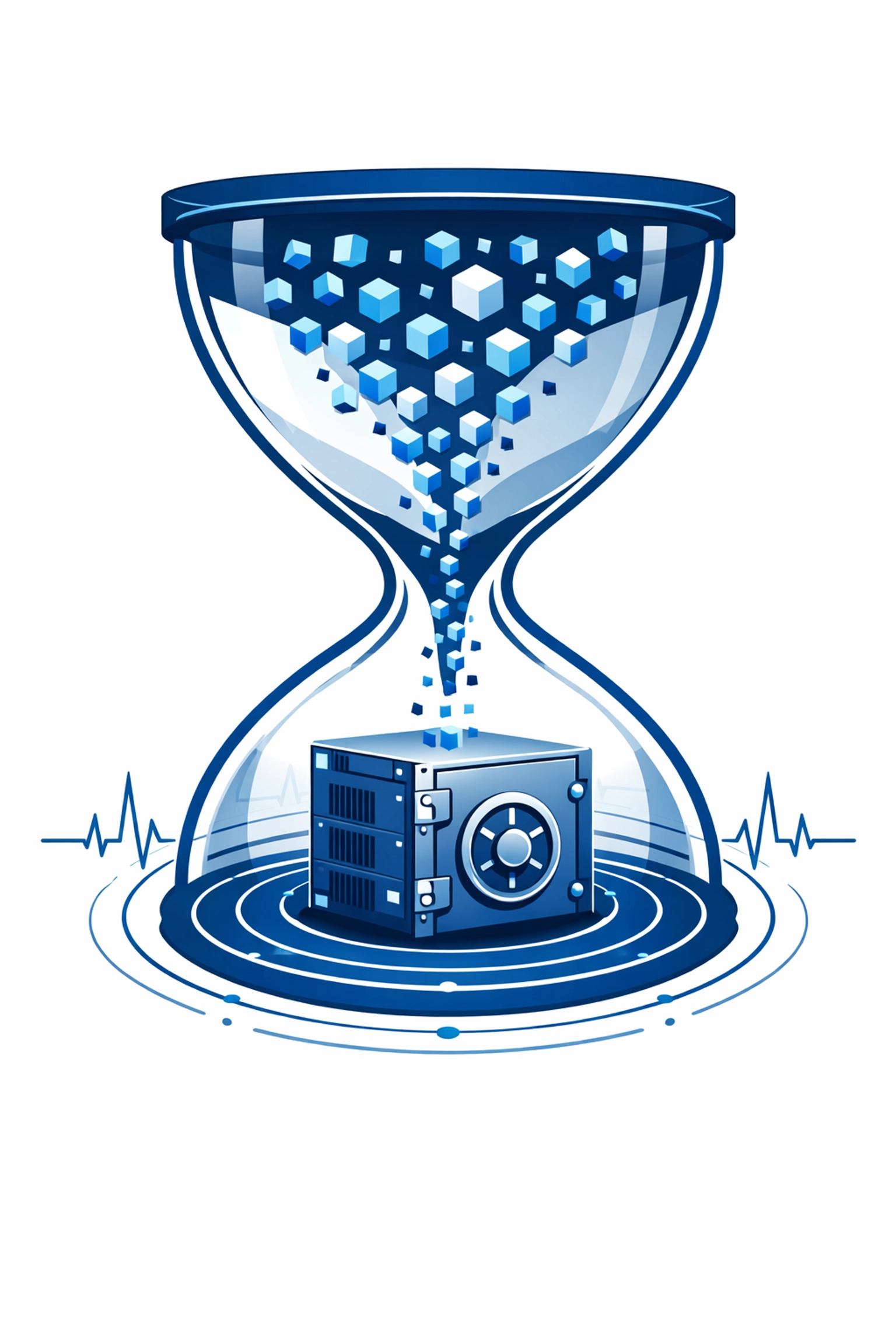 Digital hourglass showing data flowing into a secure server vault for reliable business data backup.