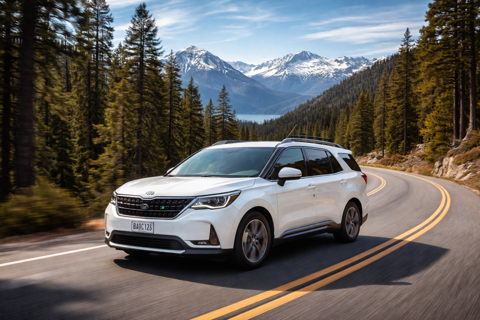 White Kia Carnival Hybrid drives through Sierra Nevada mountains near Lake Tahoe, showcasing road trip efficiency.