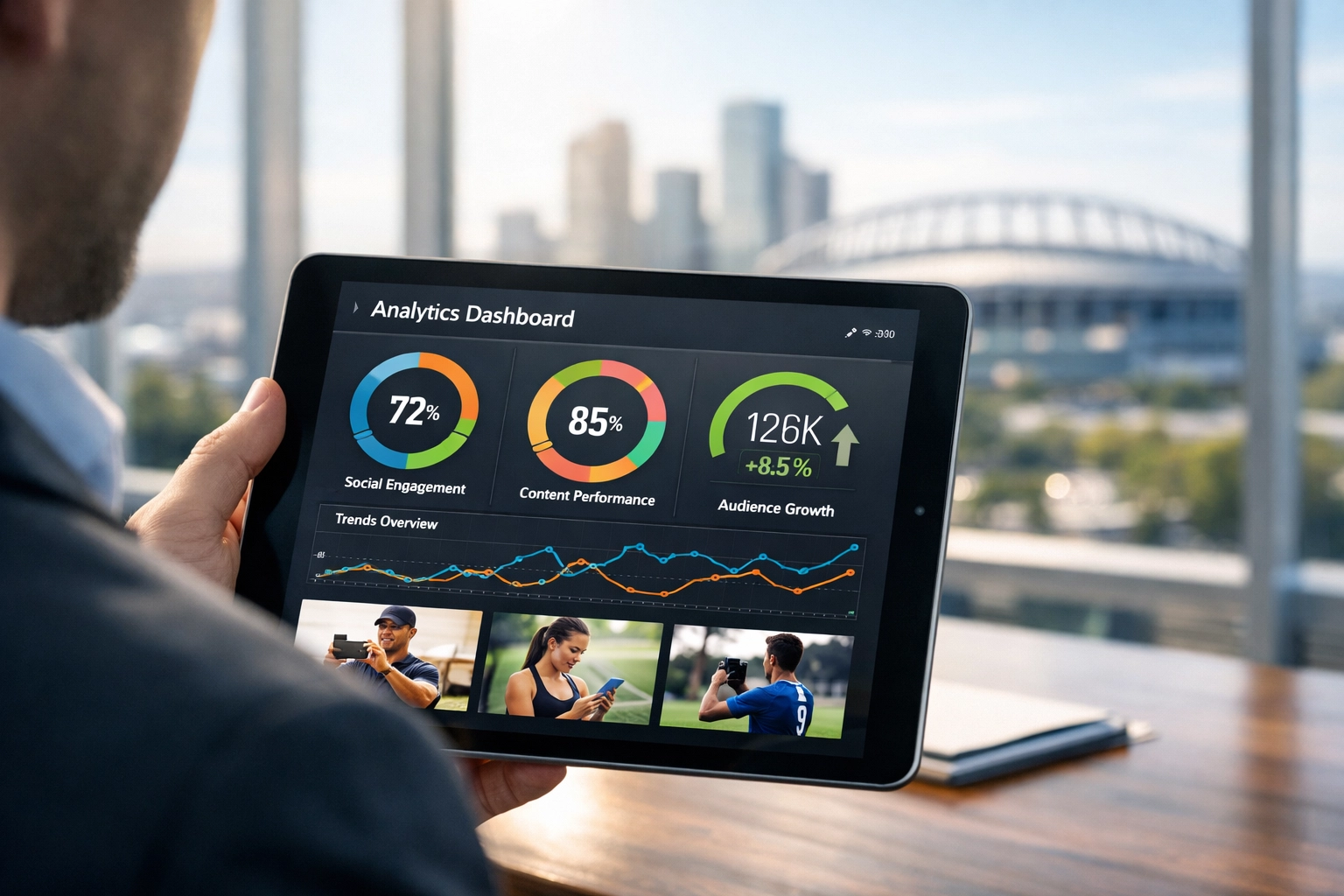 A professional using an NIL analytics dashboard to monitor real-time athlete engagement for a Super Bowl campaign.