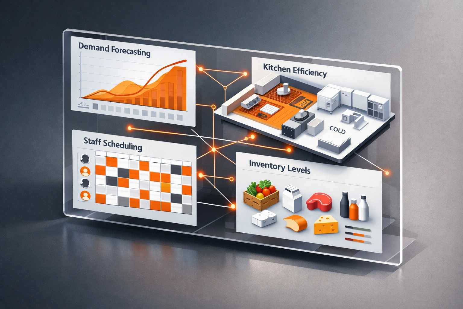 Restaurant operations dashboard showing demand forecasting, labor scheduling, and inventory optimization