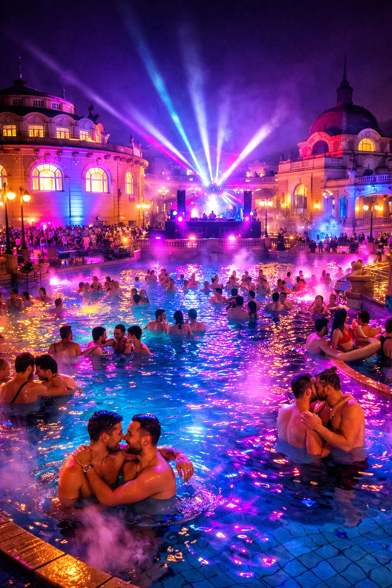 Saturday night spa party at Széchenyi Baths with LGBTQ+ crowd in Budapest