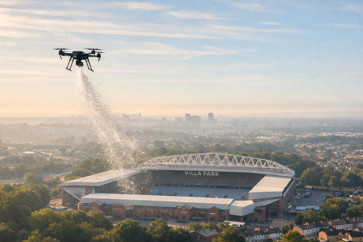 Dignified drone ash scattering ceremony with the iconic Aston Villa stadium skyline.