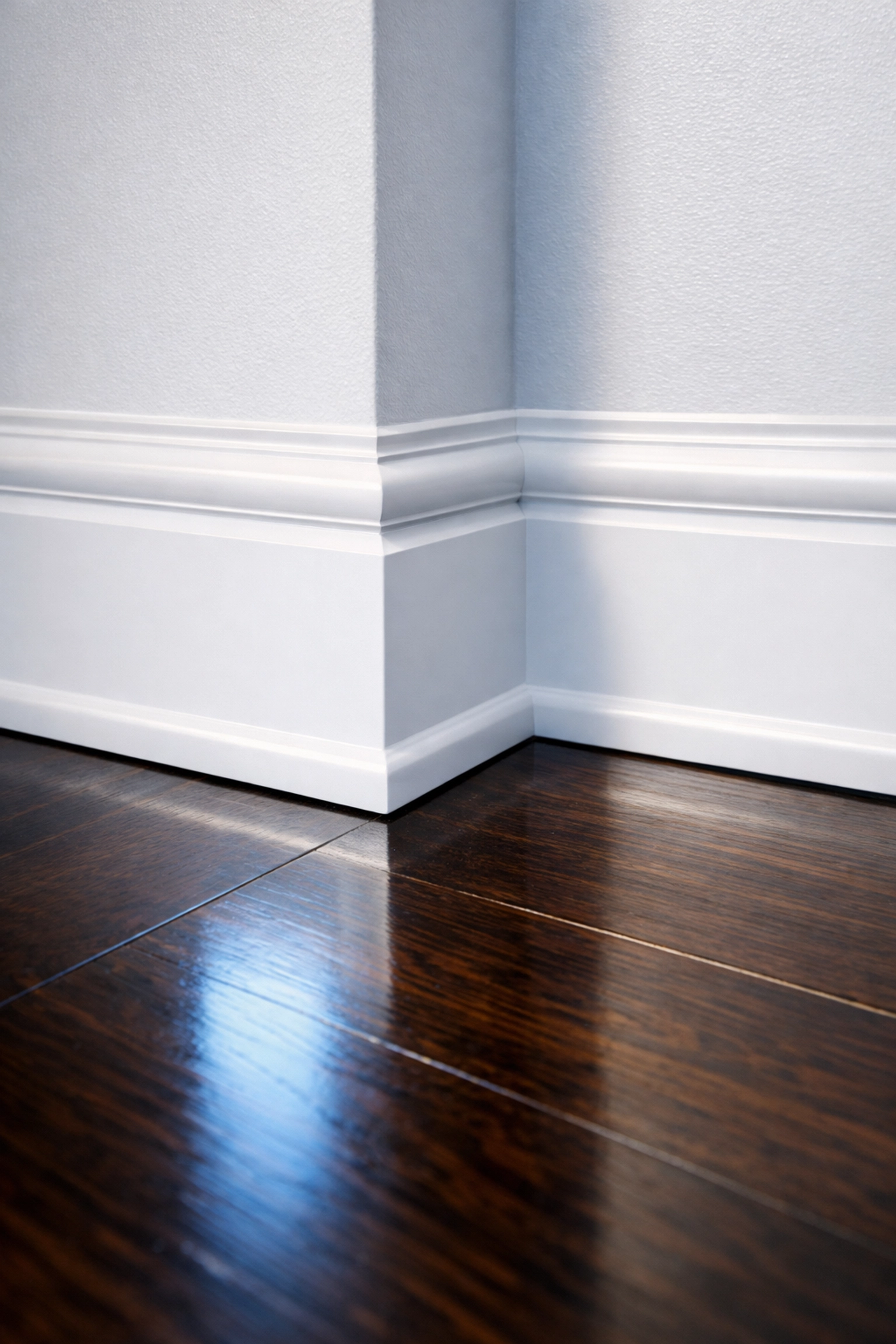 Spotless white baseboards and polished hardwood floors reflecting high cleaning standards.