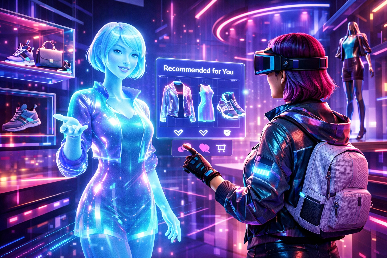 AI assistant guiding a shopper through a futuristic metaverse retail store for Larecoin payments.