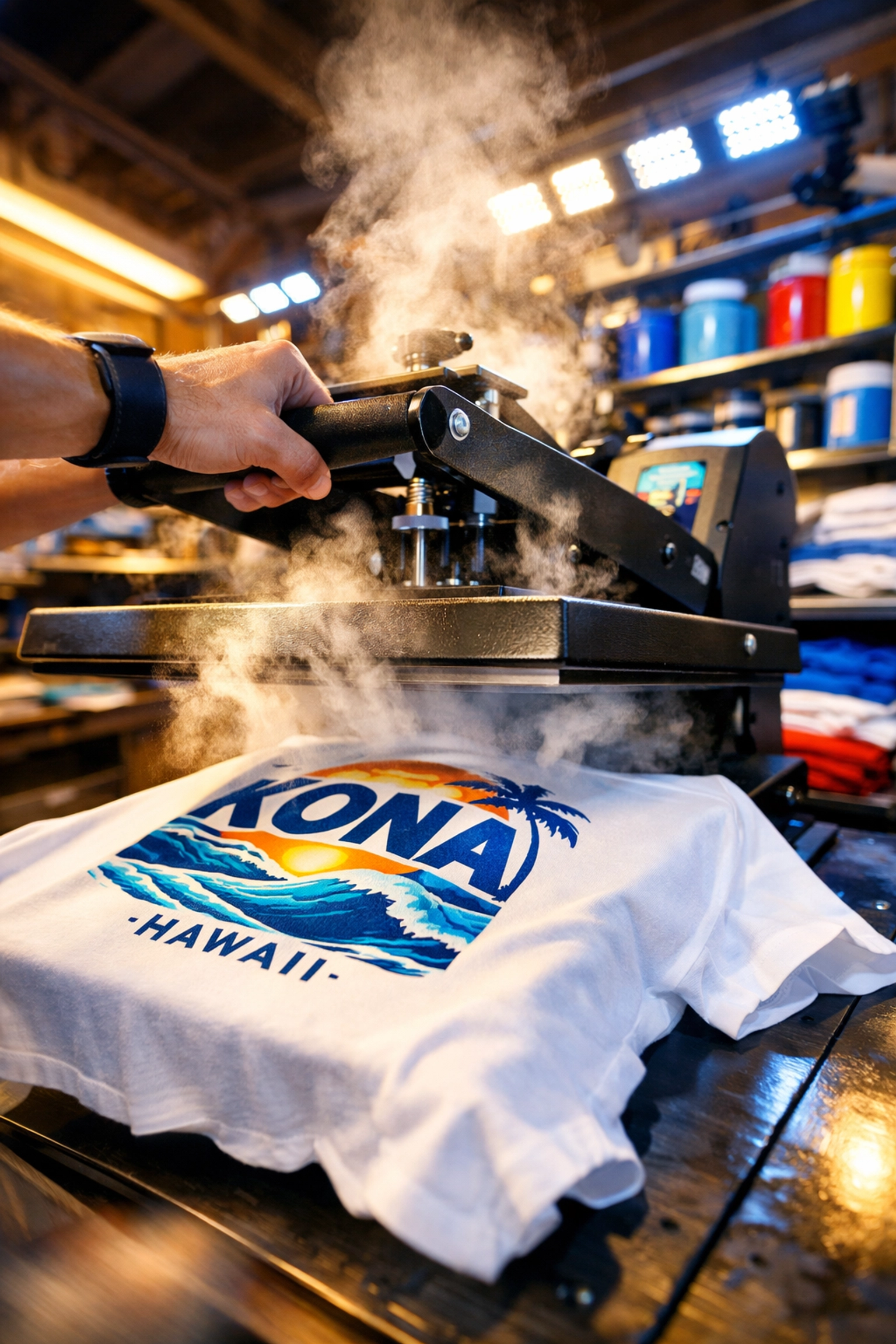 Heat press printing custom t-shirts at local Kona print shop with fast turnaround