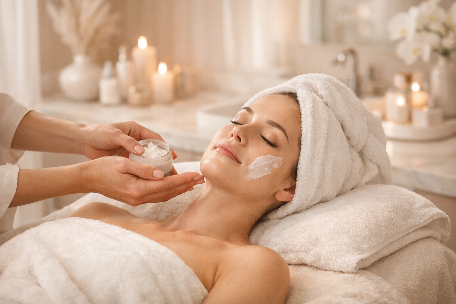 A client enjoying a luxury facial treatment in a serene, high-end clinic room—perfectly matching a Luxe or VIP package.