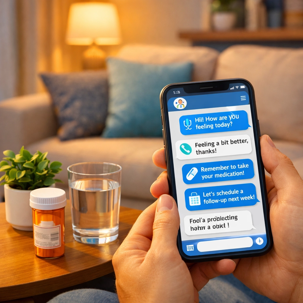 Patient texting doctor from home for convenient prescription refill through telehealth service