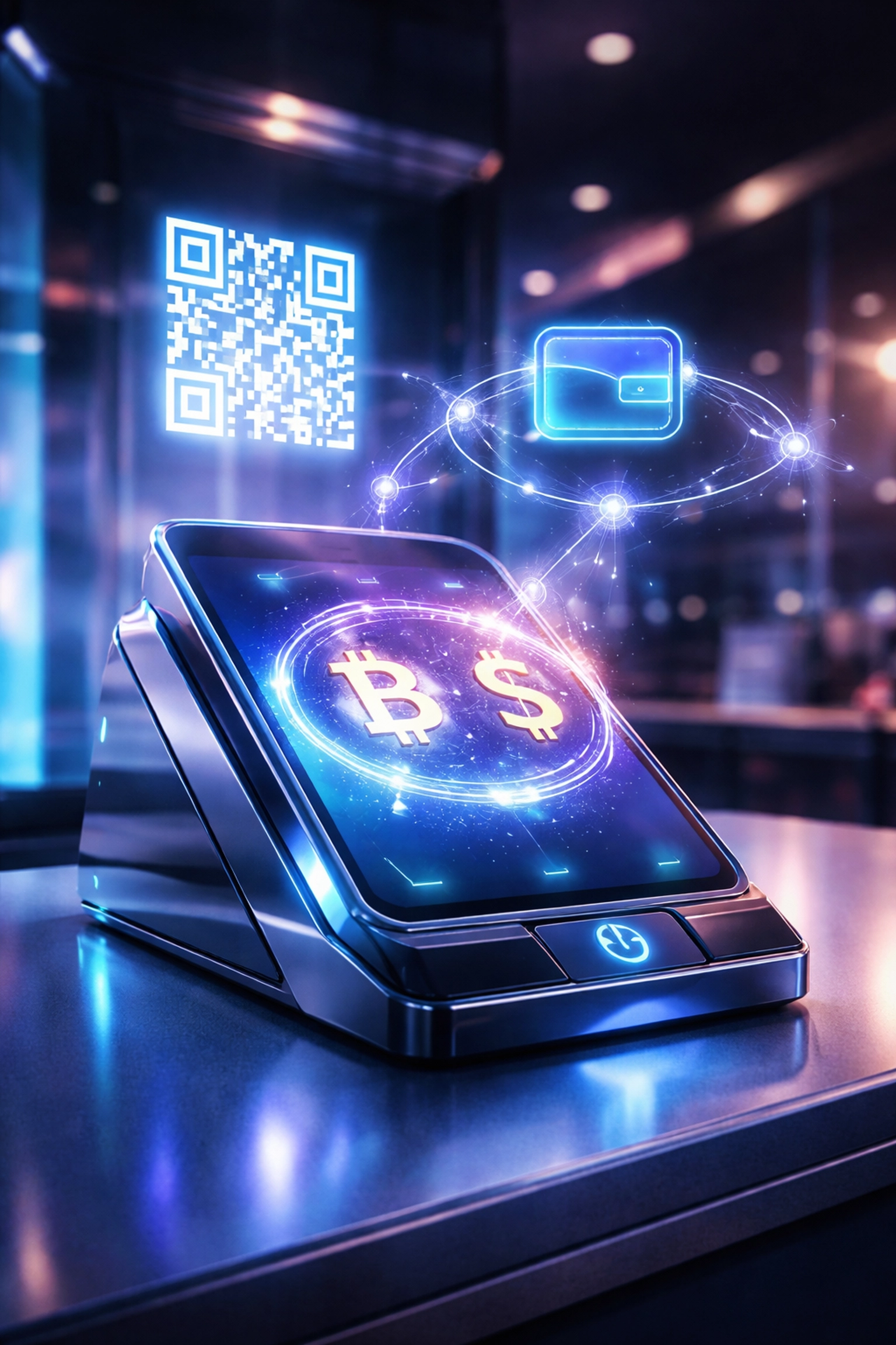 Futuristic payment terminal illustrating easy crypto to fiat conversion with blockchain and merchant solutions