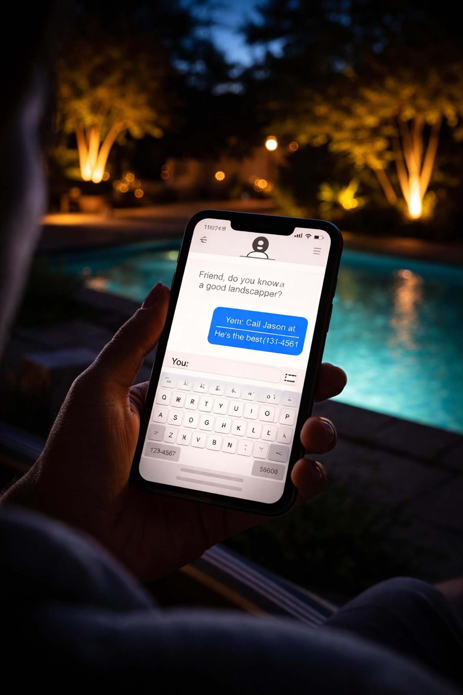 A hand holding a smartphone showing a referral text message in front of a softly lit backyard pool and patio scene at night.