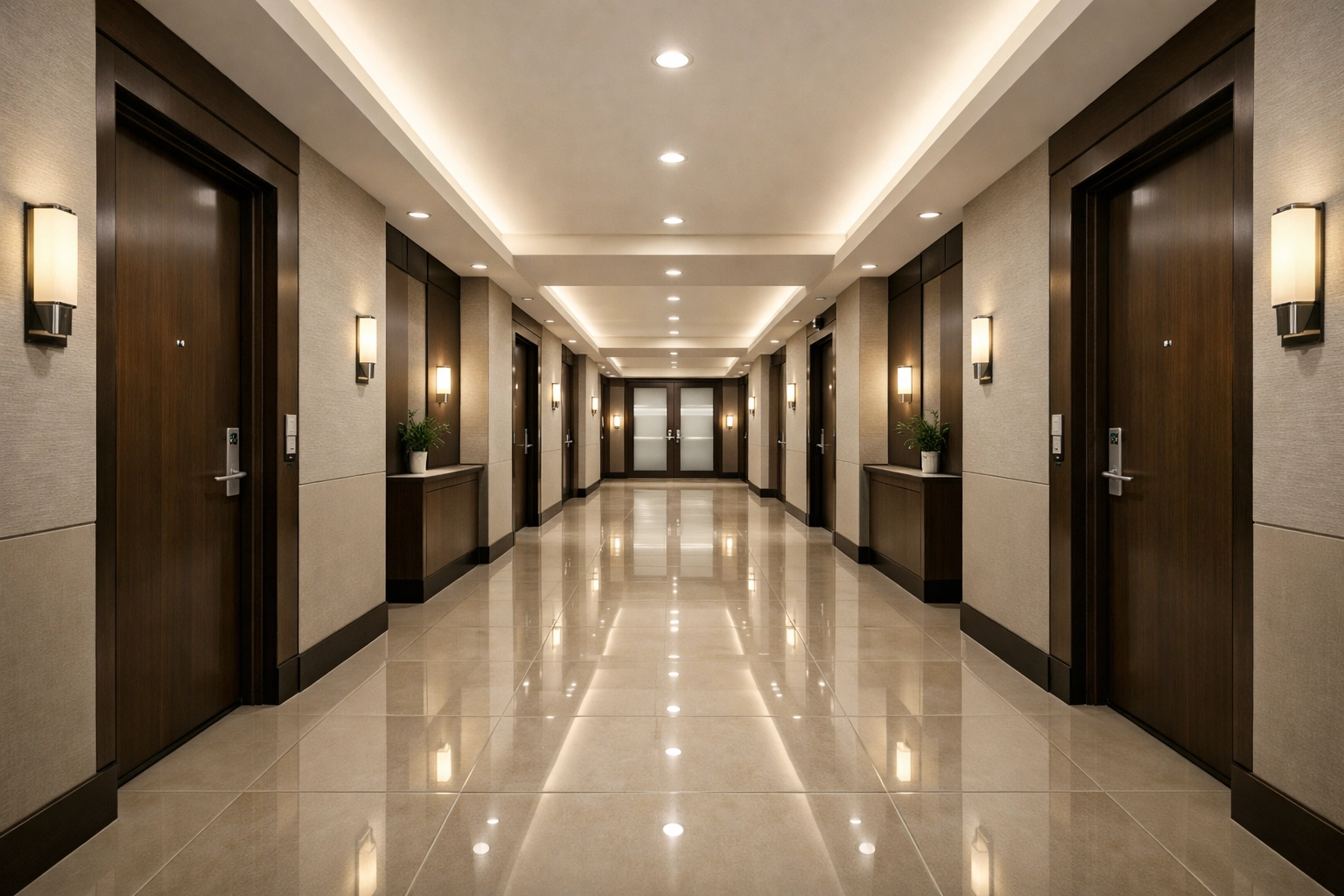 Spotless luxury apartment hallway showing high cleaning standards for Chicago multi-family properties.