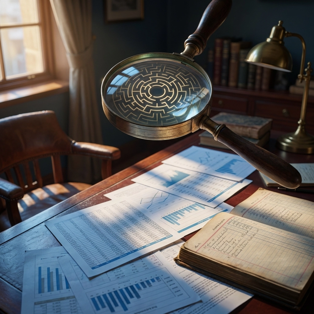 Magnifying glass examining financial documents and charts, symbolizing due diligence for accredited investors in private investments.