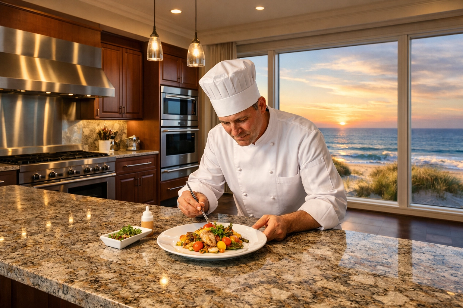 Private chef preparing healthy dinner in a luxury oceanfront vacation rental kitchen in the Outer Banks. Private chef preparing healthy dinner in a luxury oceanfront vacation rental kitchen in the Outer Banks.