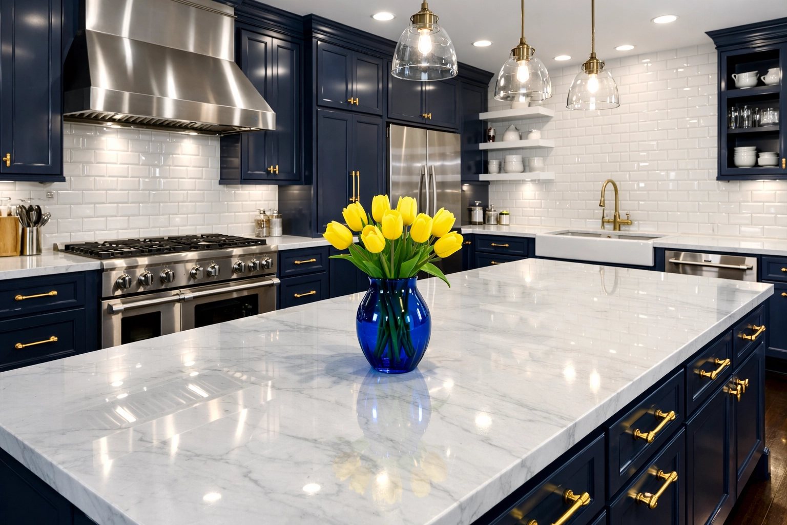 Pristine kitchen with marble counters after professional deep cleaning in Cambridge Massachusetts.