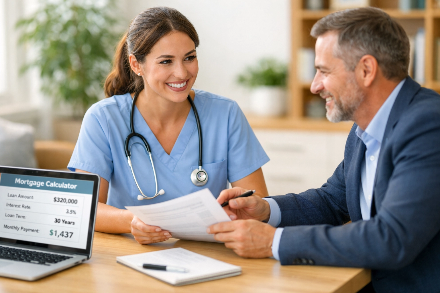 NHS worker meeting with mortgage advisor to discuss first-time buyer mortgage options