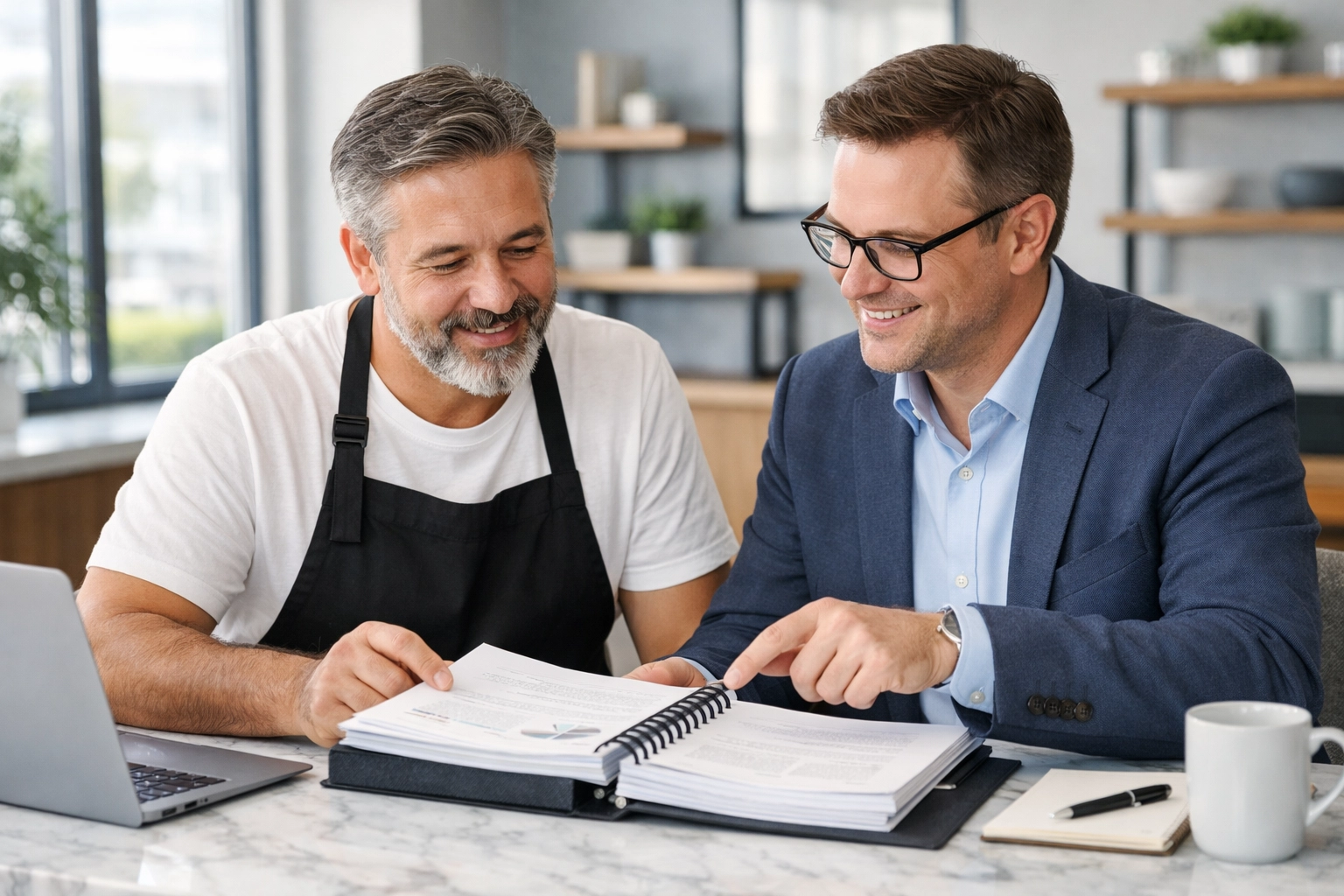 Restaurant owner and consultant reviewing a legal compliance manual for staff training and risk management.