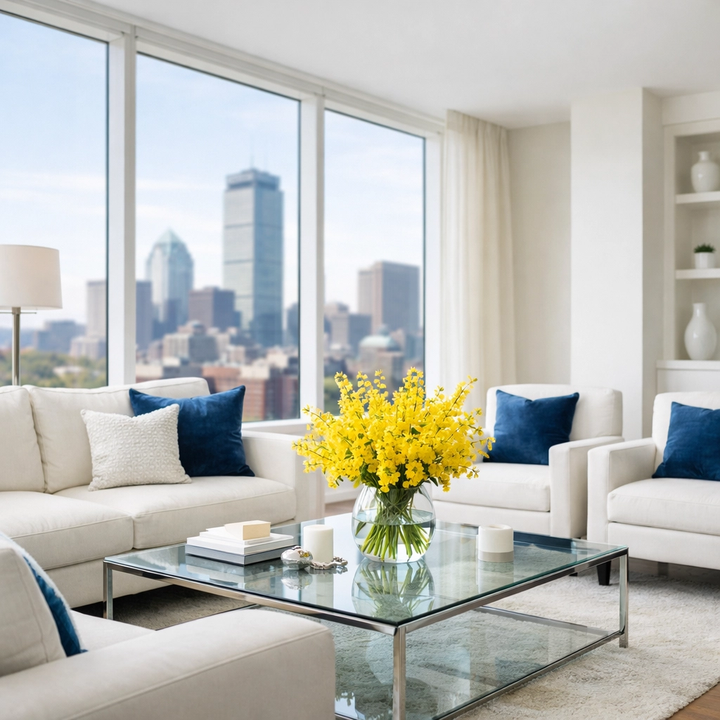A fresh and healthy living room sanctuary maintained by professional apartment cleaning Boston services.