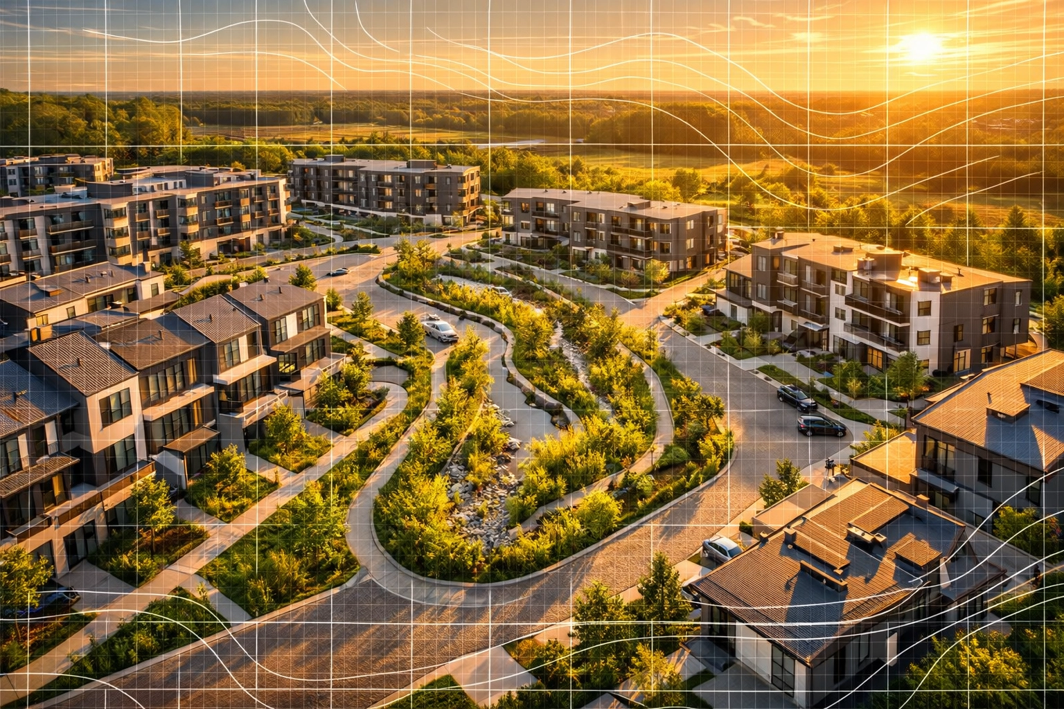 Completed Ontario residential development featuring integrated bioswales and permeable pavement for drainage.