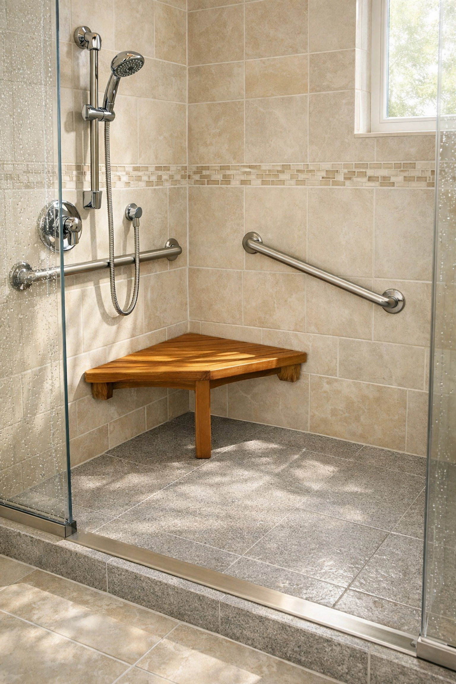 Walk-in shower with low threshold, grab bars, bench seat, and non-slip flooring for aging in place