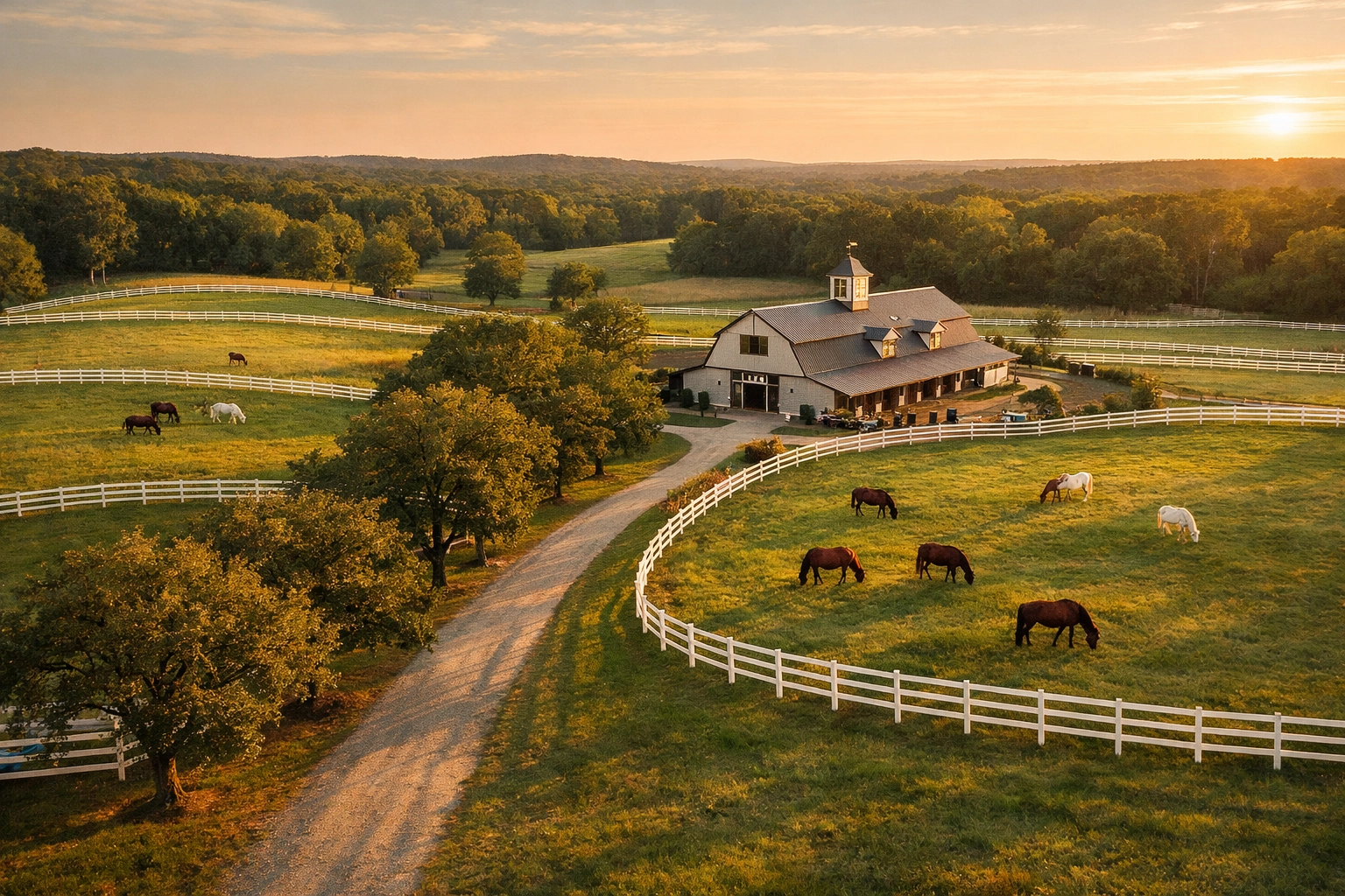 Aerial view of Waxhaw horse farm with white fencing, barn, and rolling pastures at sunset