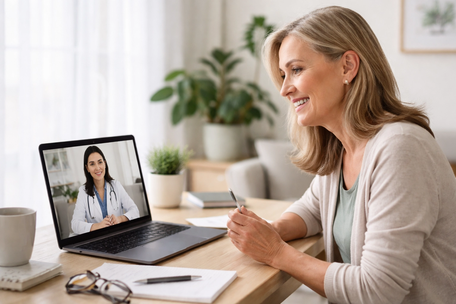 Woman enjoying a virtual hormone therapy consultation, highlighting personalized BHRT care for women nationwide.