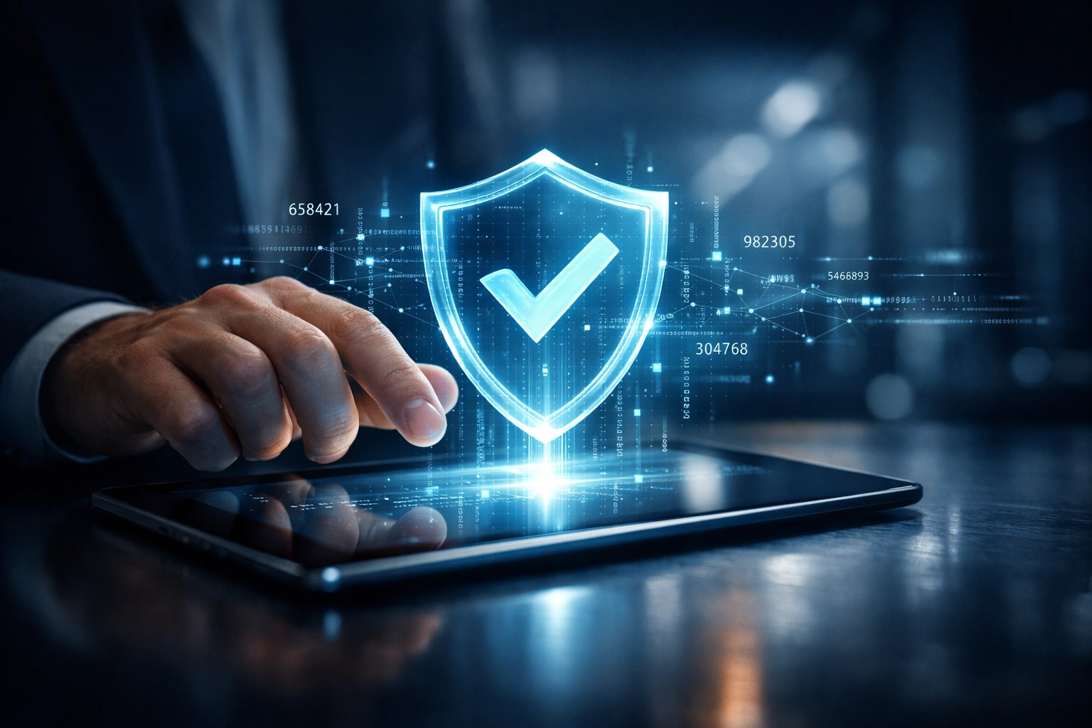 A digital security shield hovering over a tablet representing proactive 360-degree protection for tax filings.