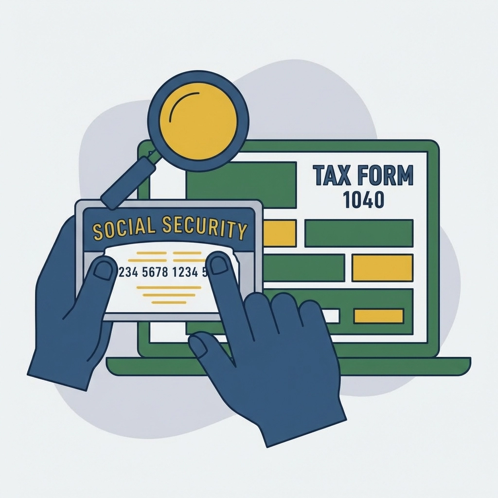 Hands verify Social Security number on a card and computer tax form to avoid tax return mistakes