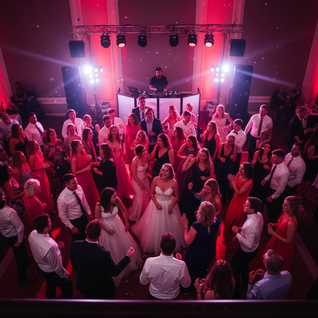 Guests dance joyfully under red lights at a wedding reception. A DJ stands at a booth in the background, creating a lively atmosphere.