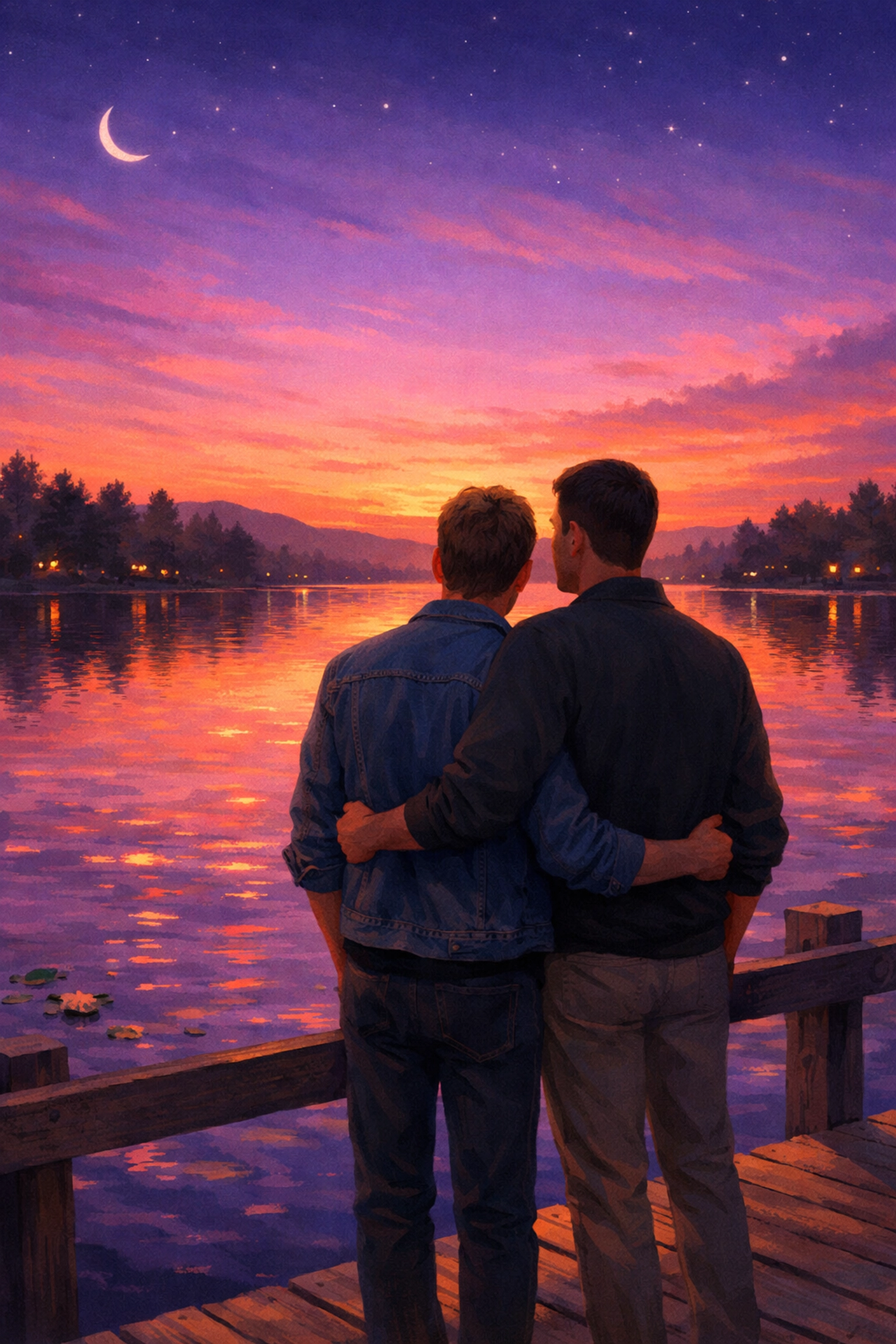 Two men together on a pier at twilight, depicting the happy ending of a slow burn gay romance novel.
