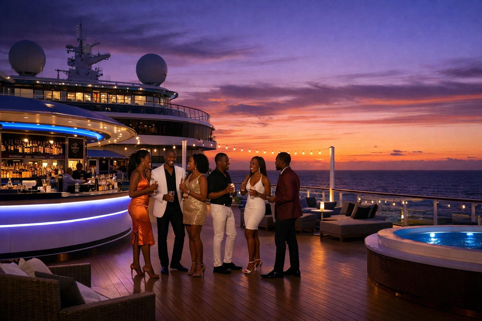 Friends at a cruise ship bar during sunset, showcasing the social vibe a lifestyle cruises travel agent can book.
