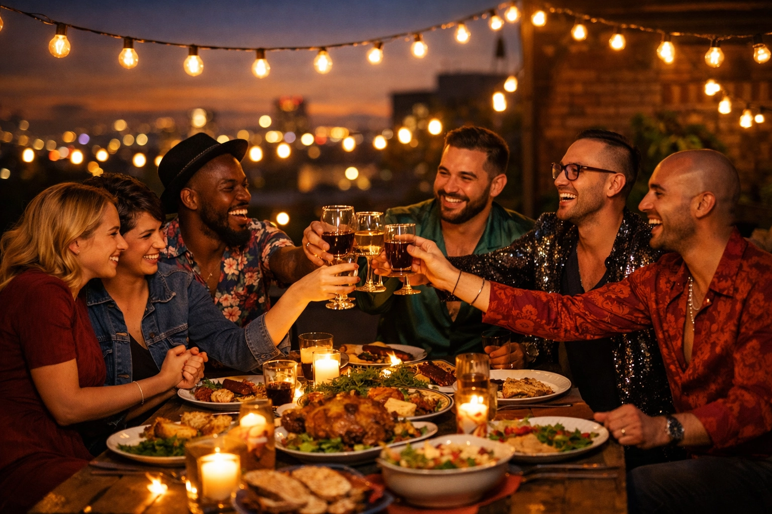 A diverse group of queer friends celebrates a found family dinner on a rooftop, highlighting LGBTQ+ community bonds.