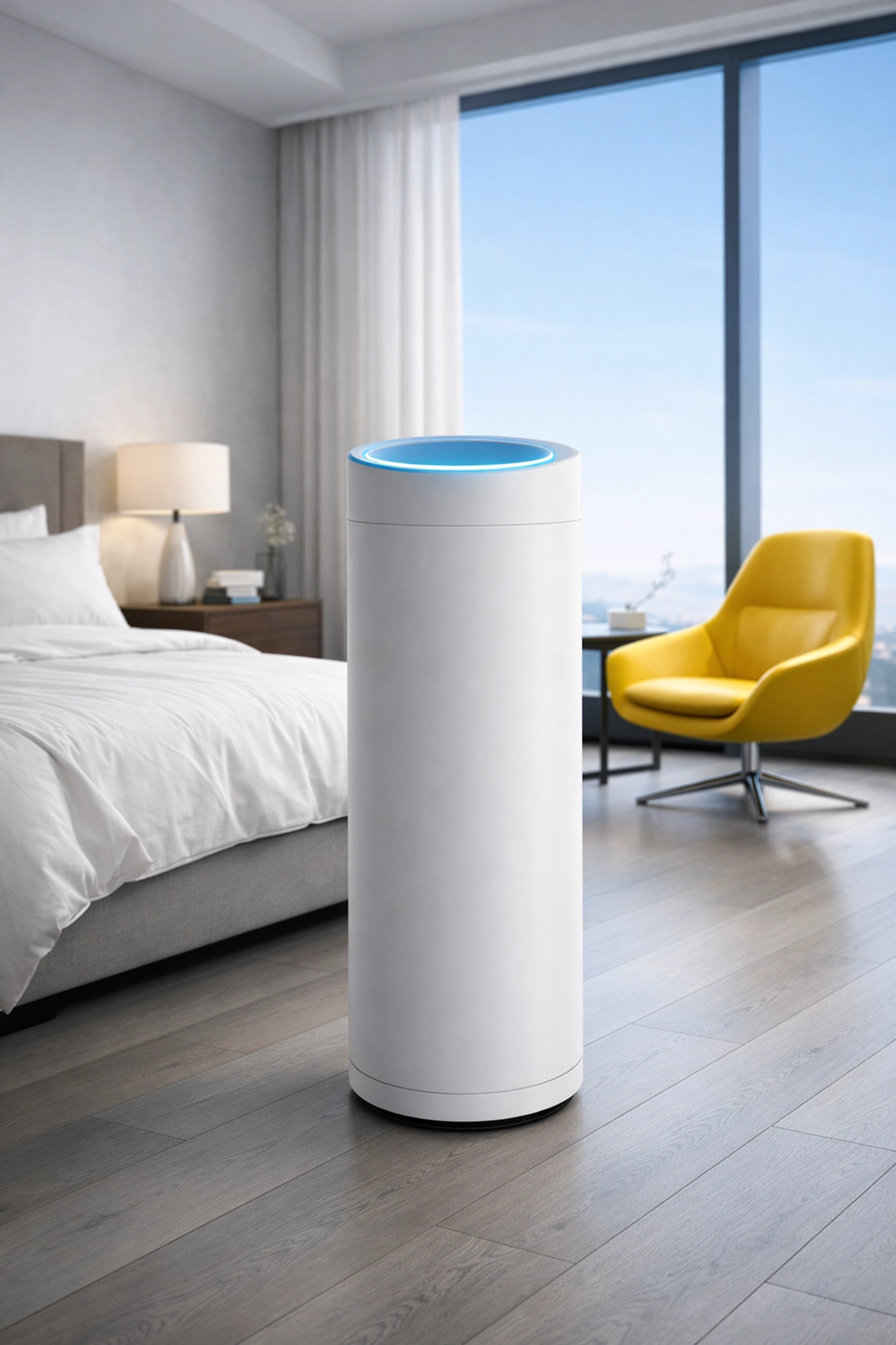 Air purifier with a carbon filter on new wide-plank flooring to neutralize residual VOCs and odors.