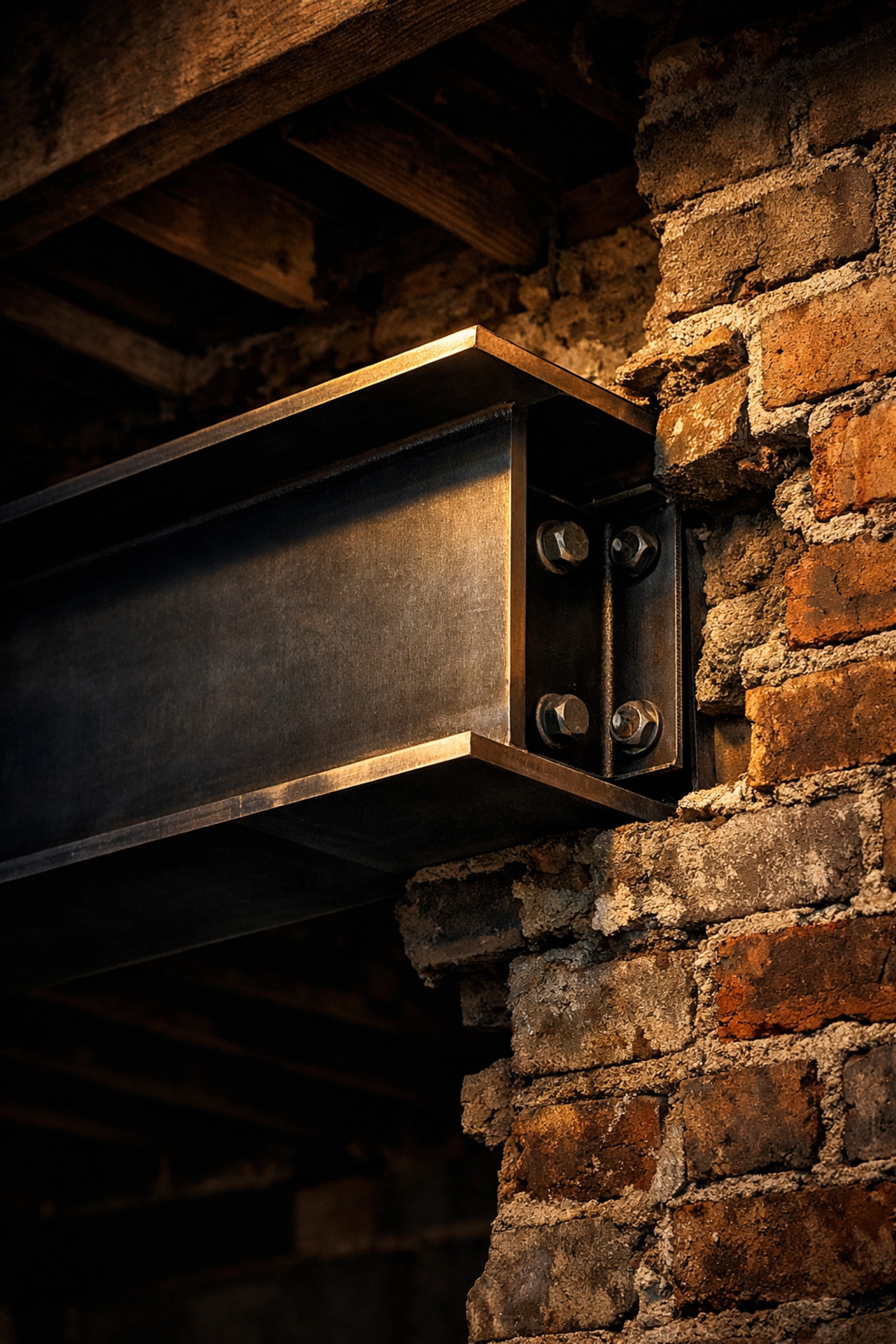 Steel beam installation for structural support during a West Sussex bungalow second-floor extension.