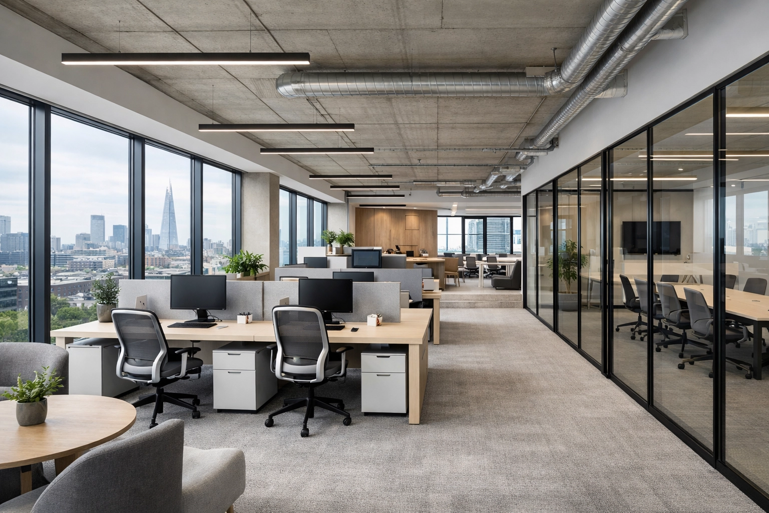 Contemporary commercial office space in London featuring open-plan architecture and natural light