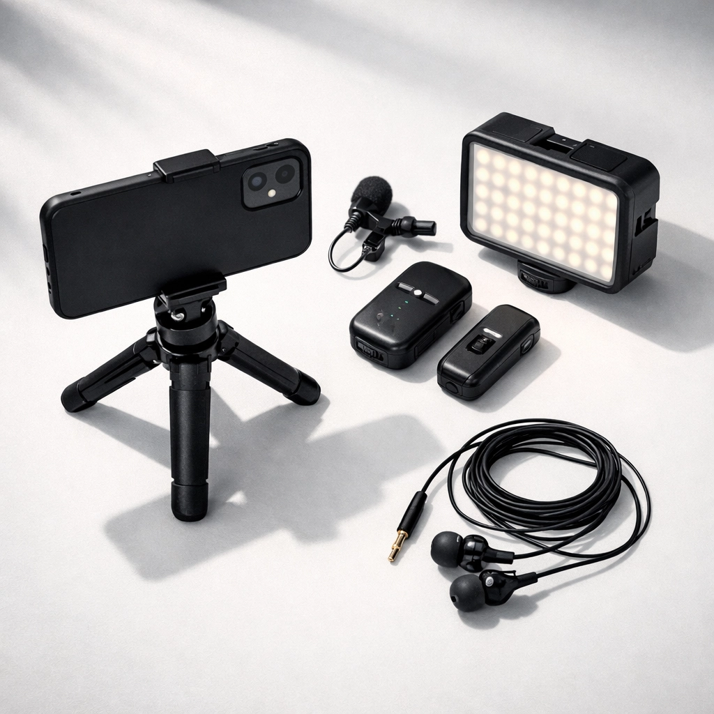 Affordable nonprofit video production equipment including smartphone, microphone, and LED light on tripod
