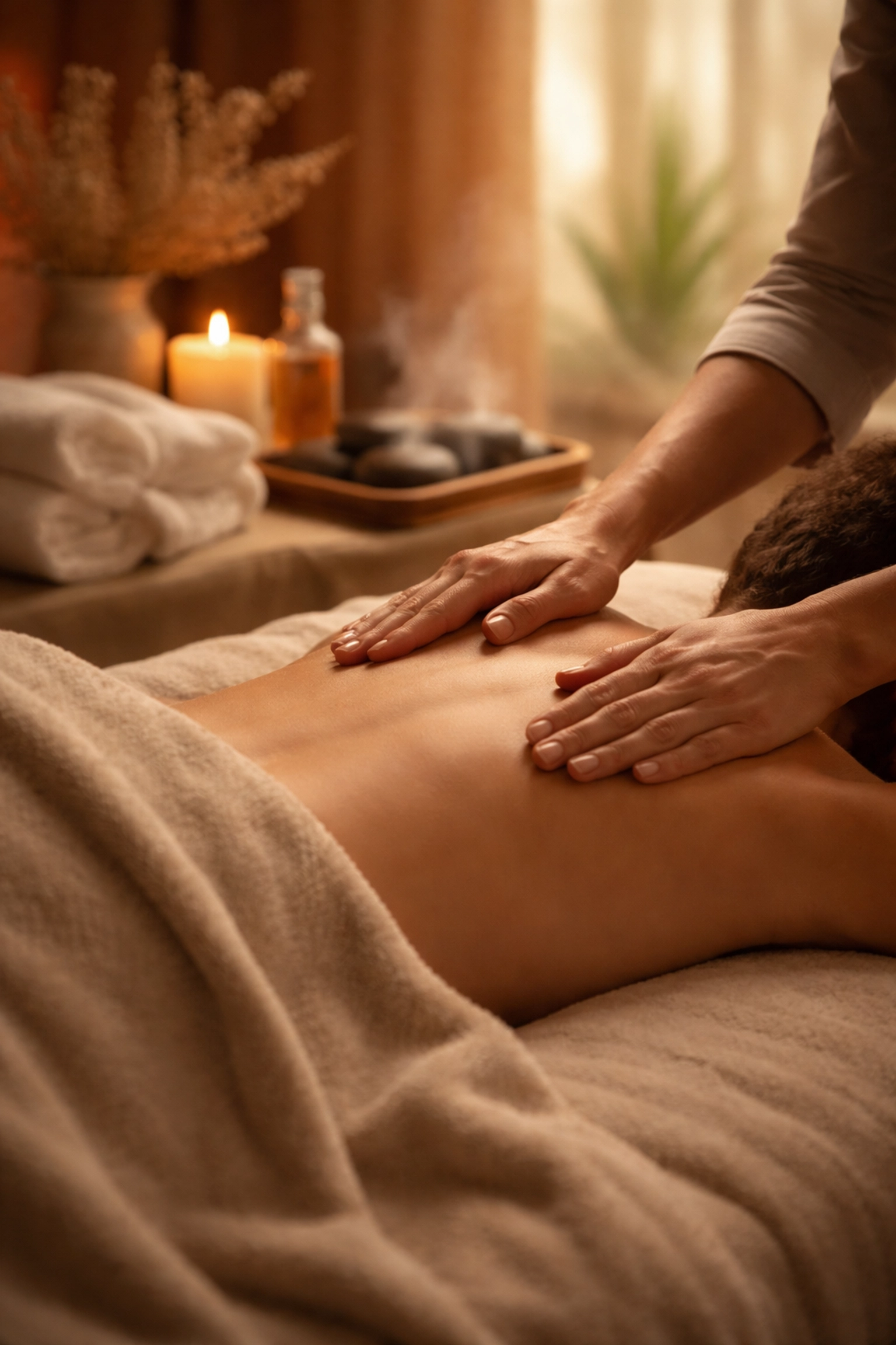 Massage therapist providing a peaceful, affirming session in a serene setting for transgender wellness