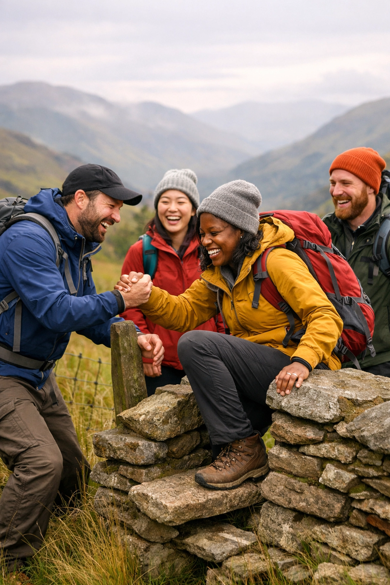 Hikers laughing and helping each other on a guided walking tour across the Lake District fells.