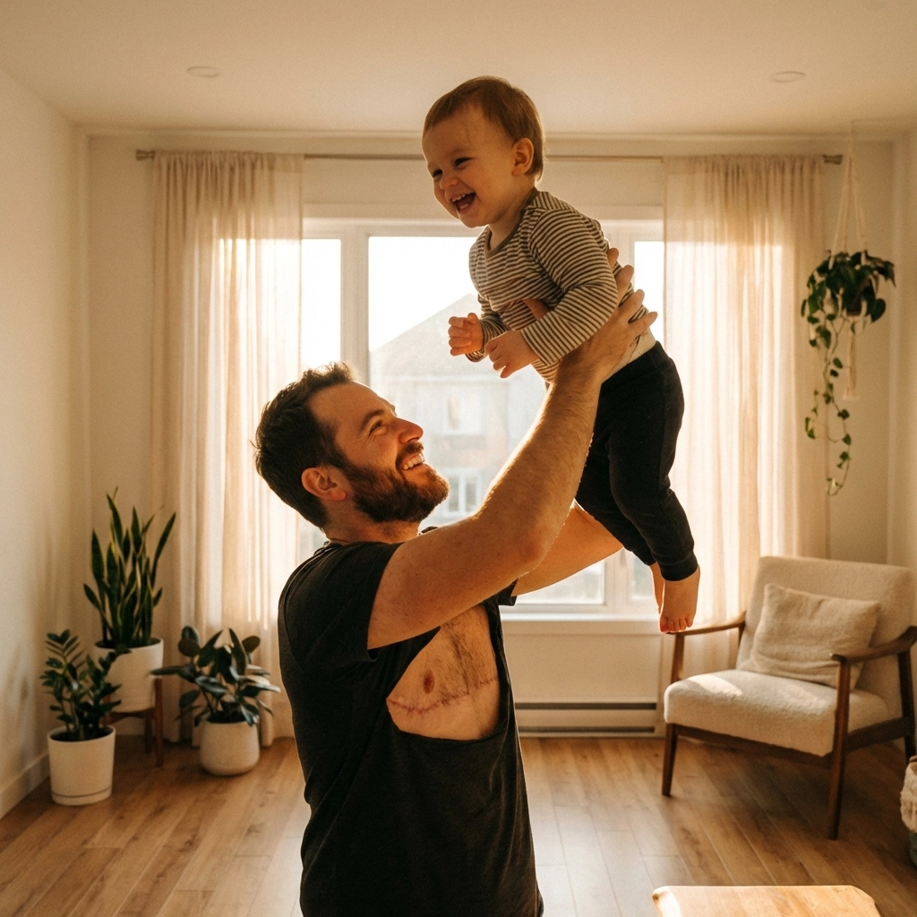 A joyful trans father lifting his laughing toddler in a sunlit living room, celebrating trans parenthood.