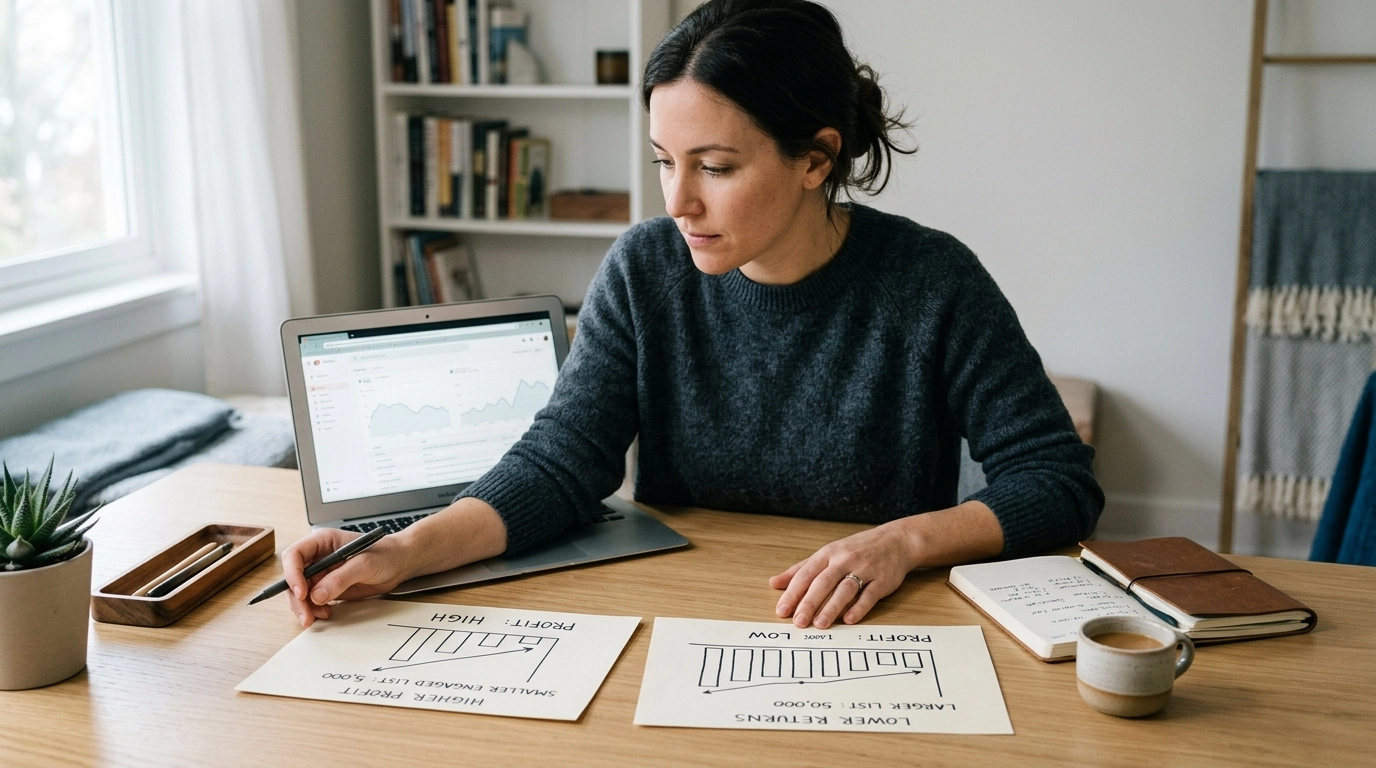 Marketer comparing a smaller engaged email list against a larger low-profit list at a desk