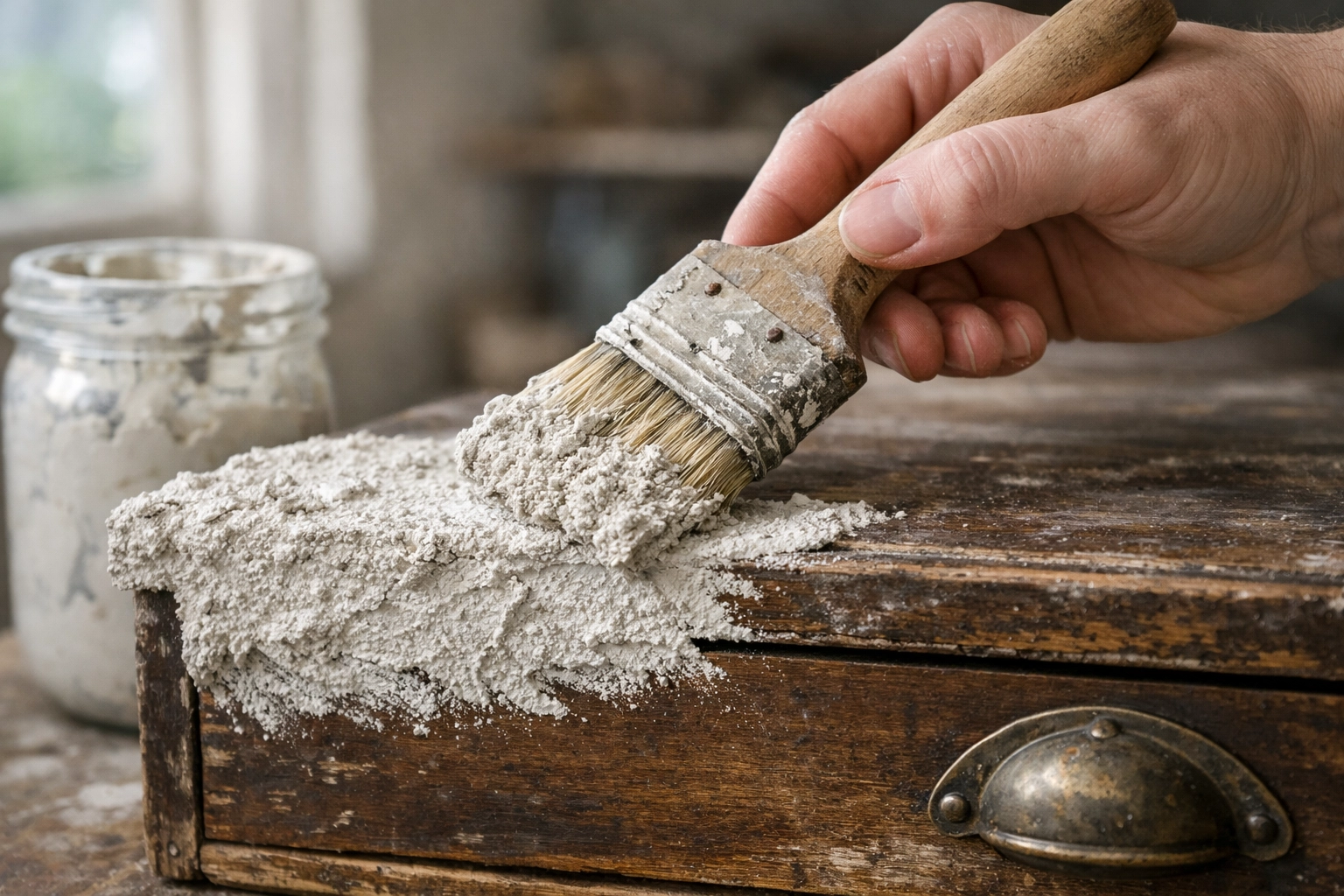 Hand applying gritty textured mineral paint to a vintage drawer for a high-end furniture finish.