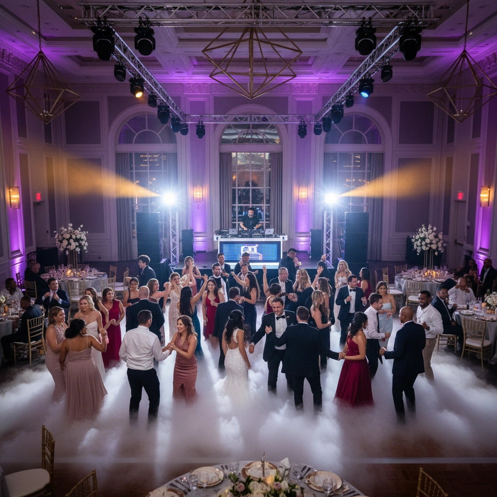 People in formal attire dance energetically on a fog-covered floor at a wedding reception. Purple lighting enhances the festive mood.