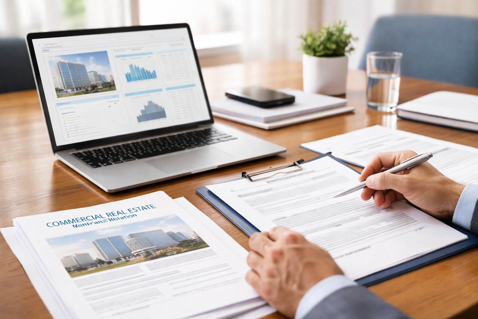 Hands review commercial property documents and data at a conference table, emphasizing due diligence in title insurance