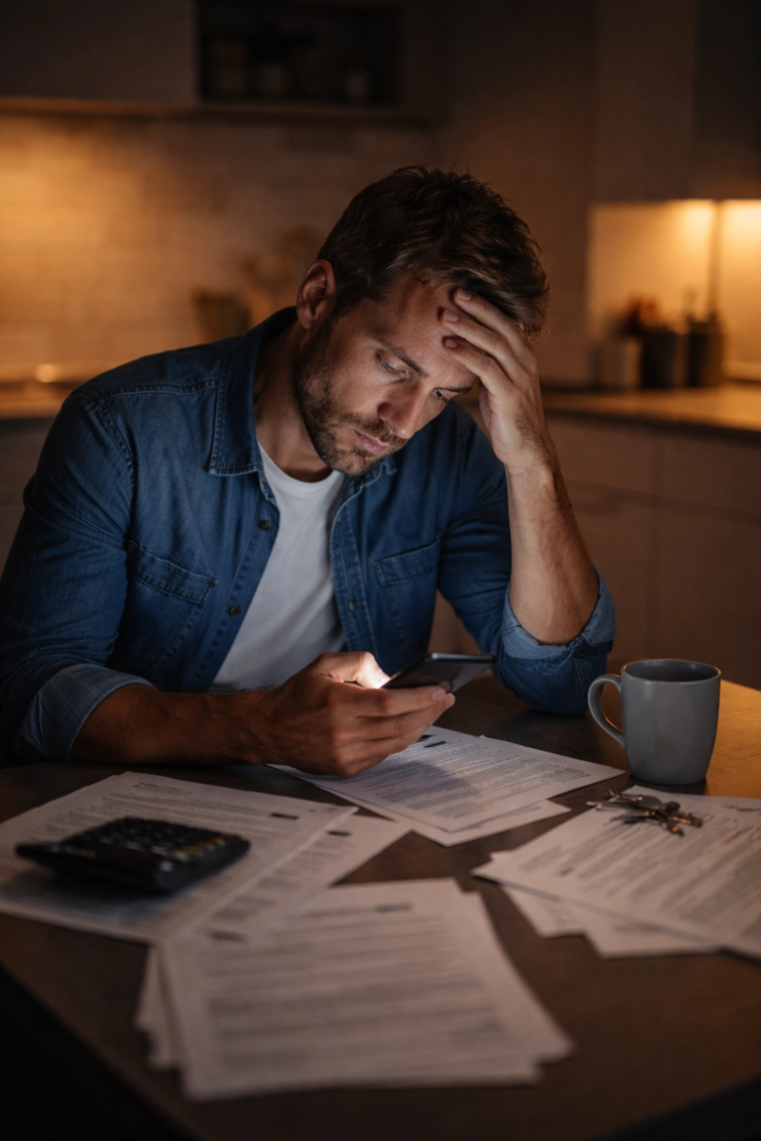 Stressed landlord reviews paperwork and smartphone late at night, highlighting property maintenance frustrations.