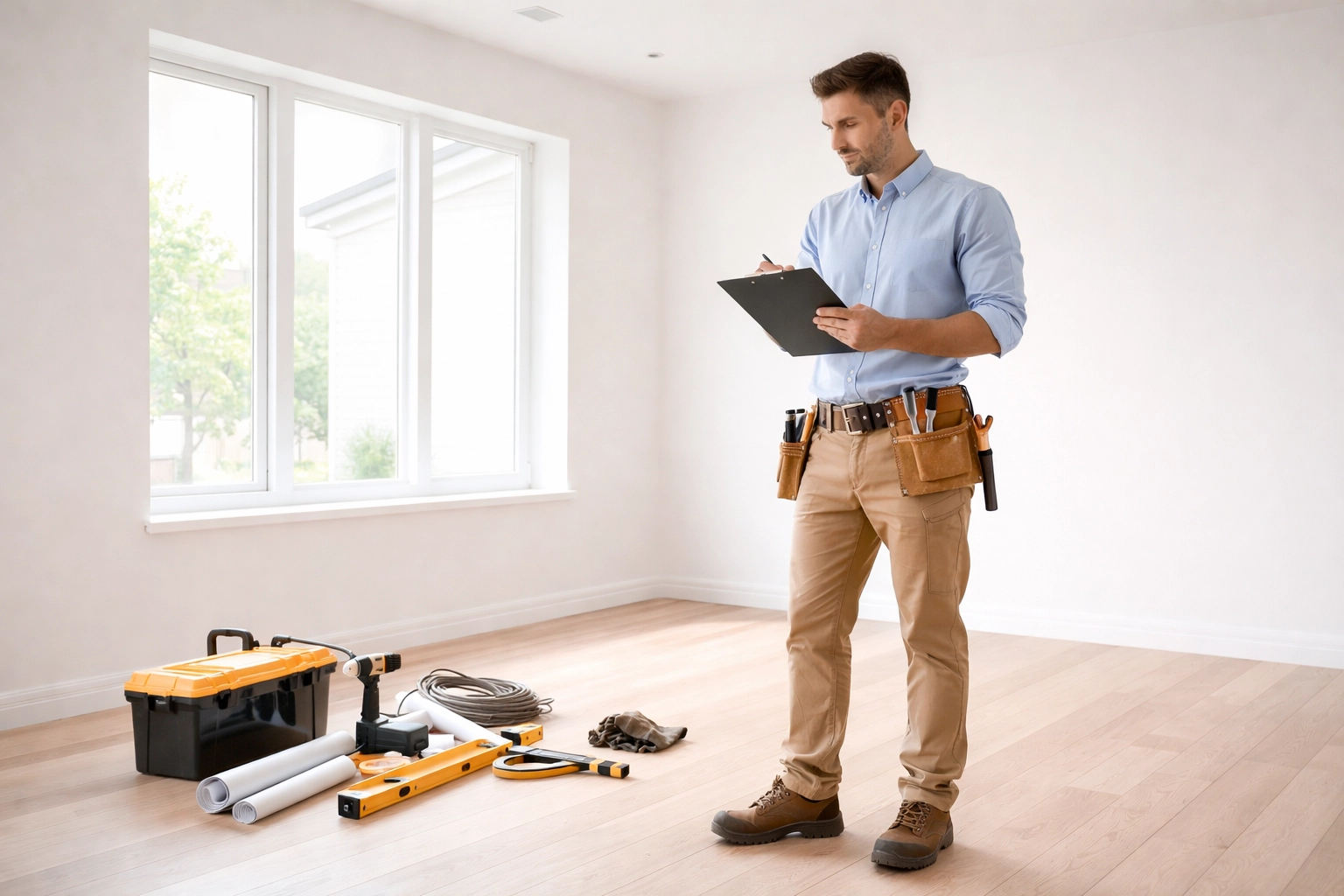 Property inspection and renovation assessment in a bright empty room